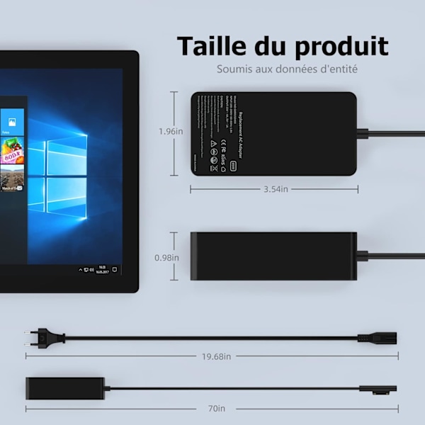 65W 15V 4A Laddare för Microsoft Surface Pro 8/7/6/5/4/3/X, Laddare med USB-port