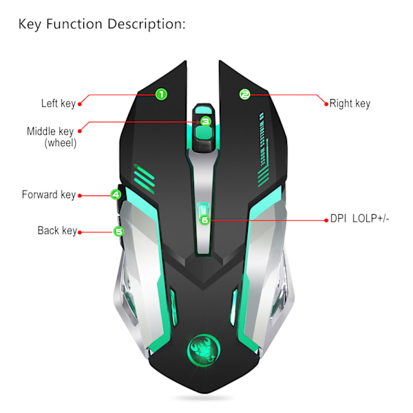 2.4G trådlös gamingmus RGB Färgglatt ljus 2400dpi