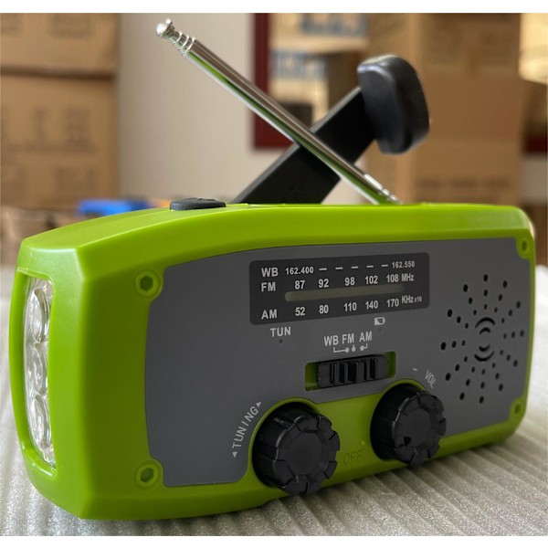 Nödladdningsradio med solcell, handvev och LED-ficklampa, 2000mAh, portabel AM/FM-väderradio för utomhusbruk /grön