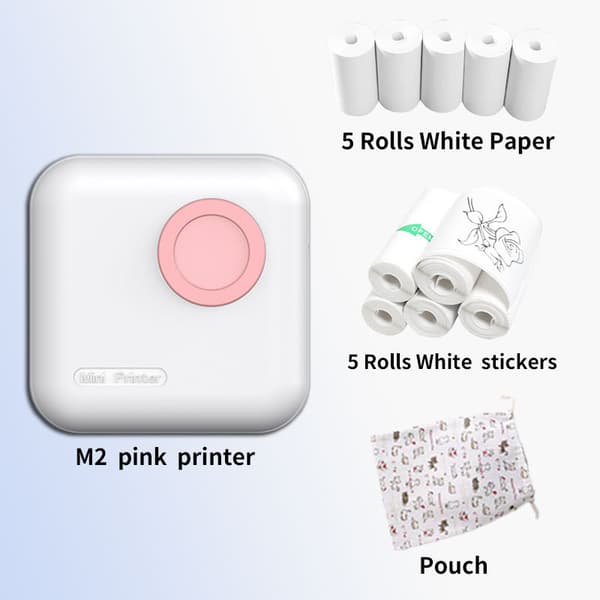 Bluetooth termisk skriver med 10 ruller skriverpapir rosa