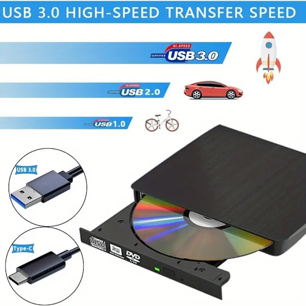 Extern CD/DVD-läsare för Laptop USB 3.0 Portabel RW Optisk Läsare/DVD-spelare