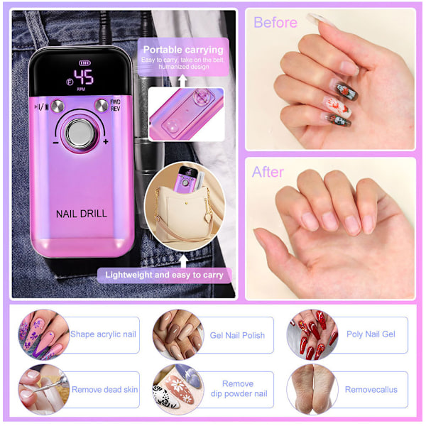 Professionell Nagelfil 45000 RPM, 2000mAh Elektrisk Nagelborr, Kraftfull Nagelborr rosa