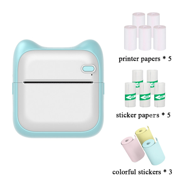 Bluetooth Termisk Printer Blå (5 Ruller Trykpapir, 5 Ruller Selvklæbende Papir, 3 Ruller Farvet Papir)