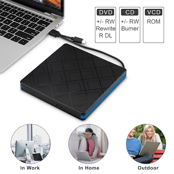 Extern CD/DVD-enhet, Typ-C USB 3.0 Portabel CD-ROM/DVD-RW, Höghastighetsdataöverföring (Svart)