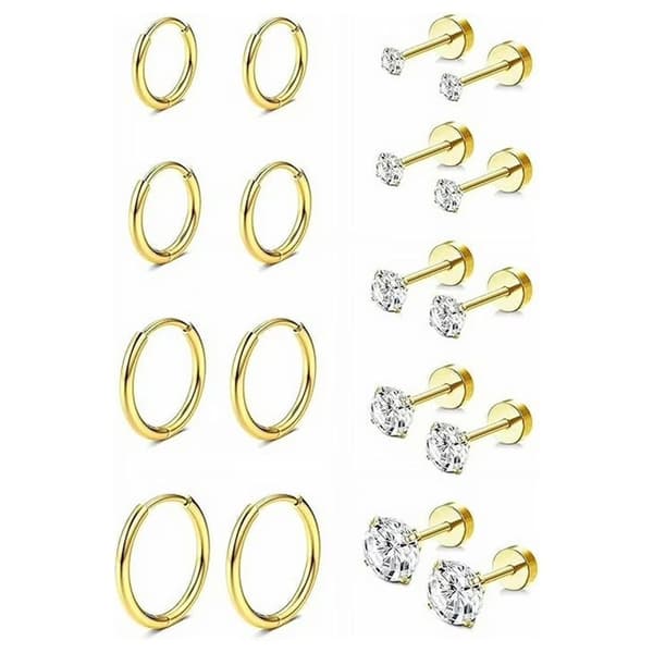 9 par øreringe i rustfrit stål, unisex, til følsomme ører (guld)