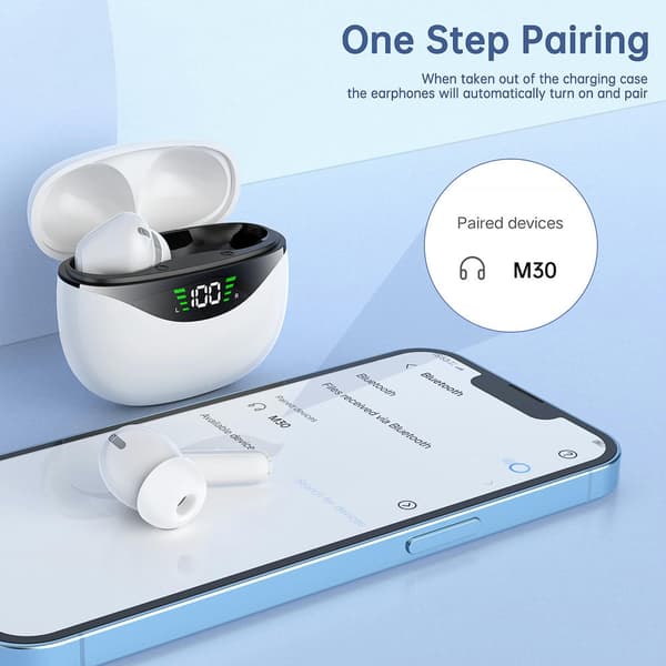 True Wireless Bluetooth-hörlurar med USB-C snabbladdningsfodral, IPX7 vattentäta hörlurar för iPhone/Android Vit