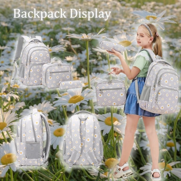 Daisy Print skoletaske til piger, primær skoletaske, rygsæk til folkeskoleelever med madkasse, grå