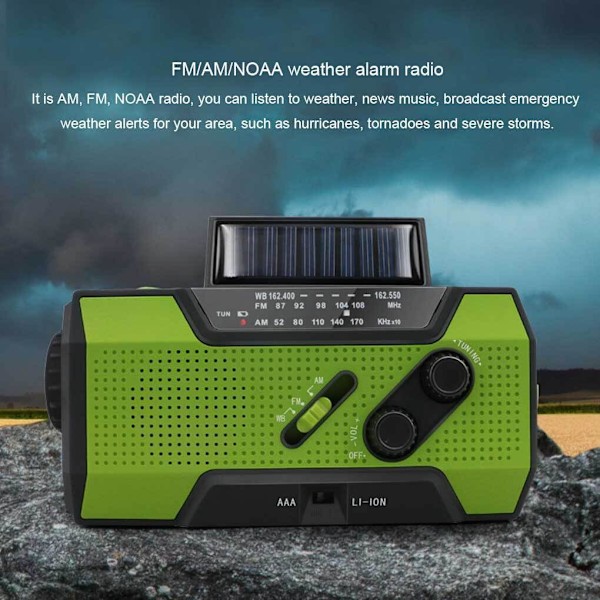Aurinkokennoradio, AM/FM-sääradio käsikammella ja kannettava 2000 mAh:n varavirtalähde (vihreä)