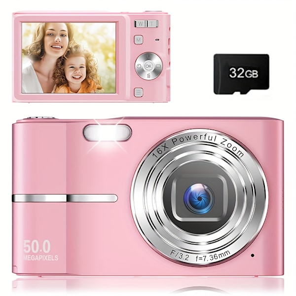 Digitalkamera 1080P Autofokus Børnekamera Med 32Gb Sd-kort Pink
