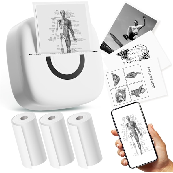 Portabel Bluetooth Termisk Skrivare Med 3 Pappersrullar För Bilder, Foton, Dagbok Kompatibel Med Telefoner Och Surfplattor Vit