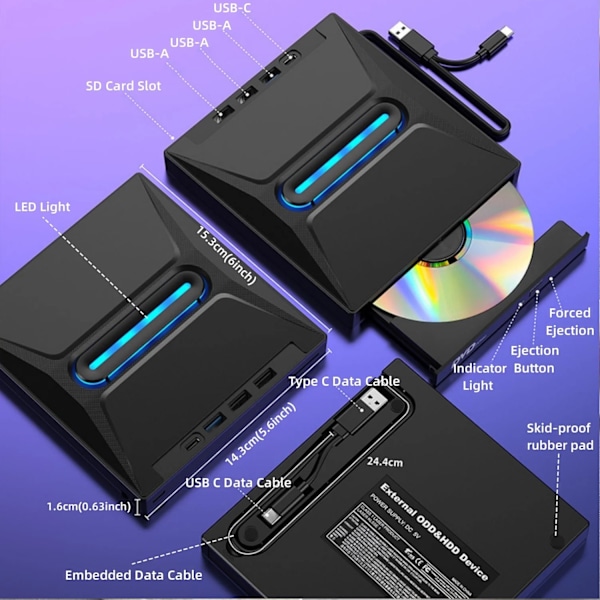 Extern CD DVD-enhet för Laptop, 5-i-1 USB C Portabel USB 3.0 CD/DVD +/-RW-enhet/DVD-spelare
