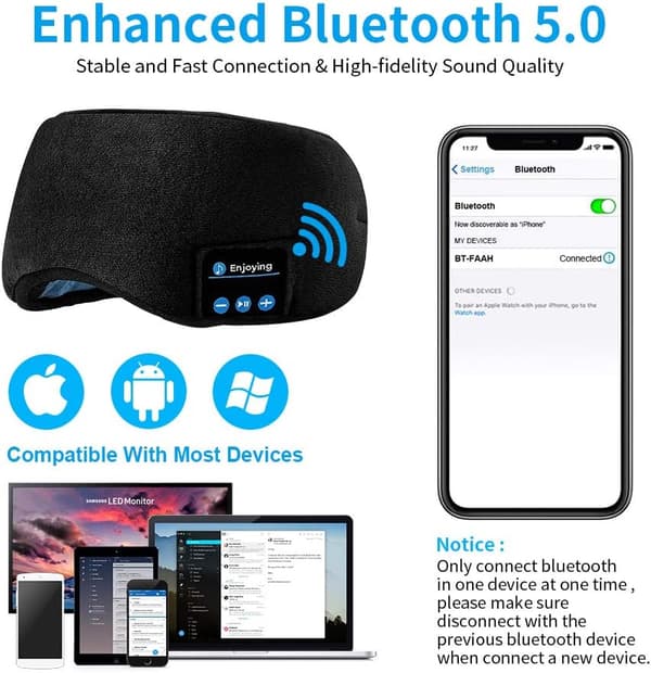 Bluetooth Sports Hodetelefoner Søvnmaske 3D Bluetooth Musikk Øyemaske Grå