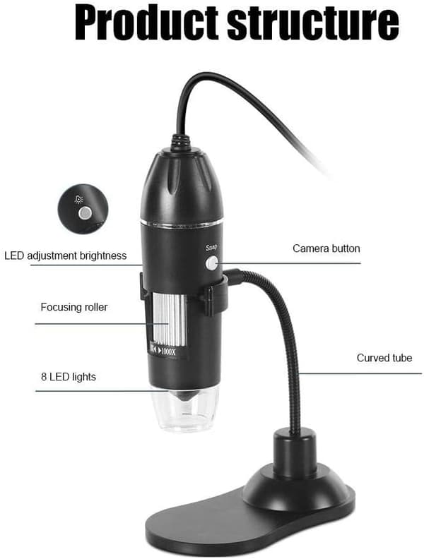 Bærbart digitalt USB-mikroskop med 1000x forstørrelse og 8 integrerte LED-fylllys