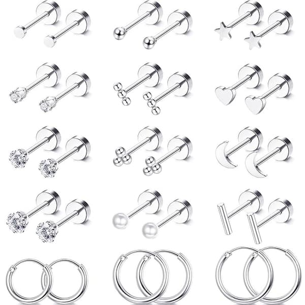 15 par øreringe i rustfrit stål, stjerne hjerte zirkon, unisex (sølv)