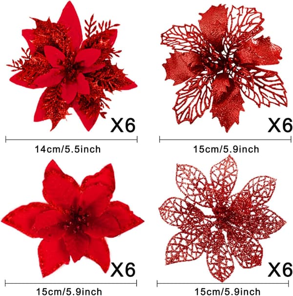 24 stk. juleblomster, glitter røde kunstige blomster med klips egnet