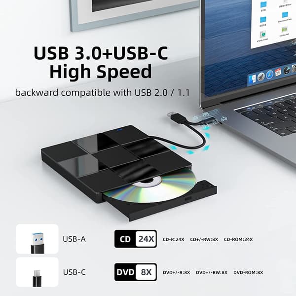 Ekstern CD/DVD-drev til bærbar computer, kompatibel med Windows 11/10/8/7, Mac OS, Linux, PC (7 i 1)