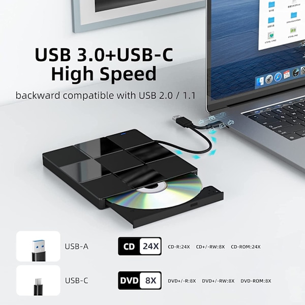 Ekstern CD/DVD-stasjon for bærbar PC, kompatibel med Windows 11/10/8/7, Mac OS, Linux, PC (7 i 1)