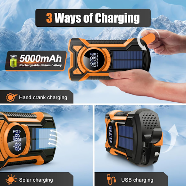 Käsikäyttöinen aurinkoenergialla toimiva hätäradio taskulampulla, kannettava Bluetooth AM/FM/sääradio 5000mAh/oranssi