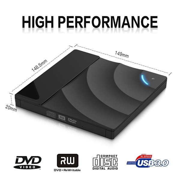 Extern Optisk Enhet Portabel DVD-spelare, Höghastighets USB 3.0 CD DVD-RW Slim Disk Reader (svart)