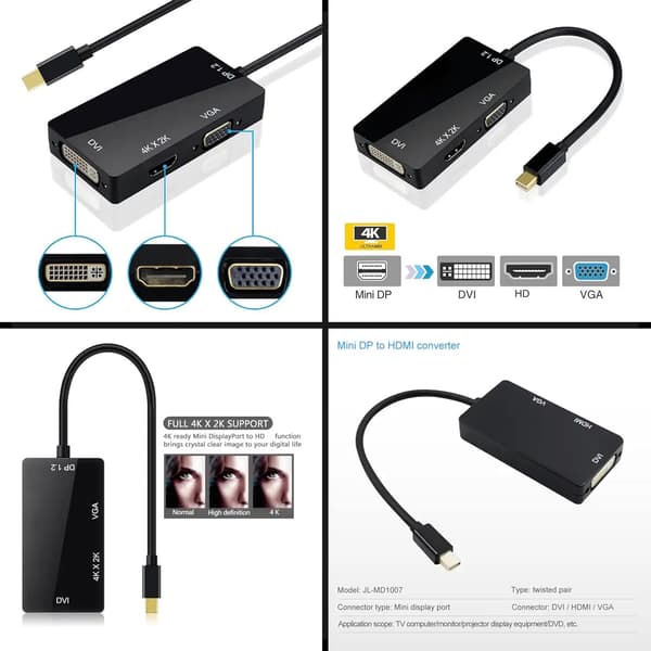 minidp til HDMI/DVI/VGA konverter, HD lydadapter sort