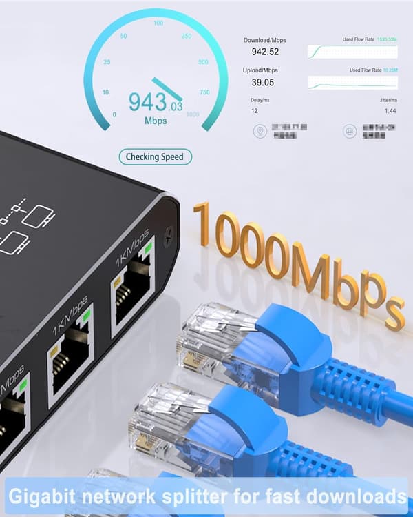Ethernet Splitter 1 in 4 ut 1000Mbps Höghastighetsnätverksdistributör med USB-ström Stöder 4 enheter samtidigt
