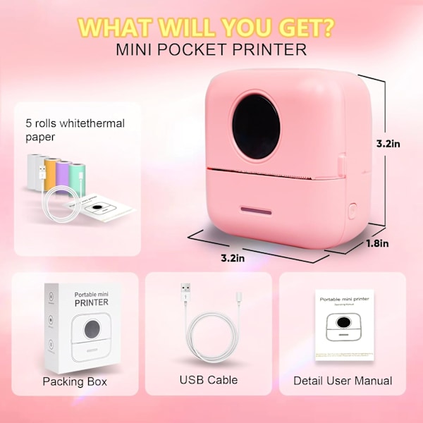 Portabel fickstor bläckfri Bluetooth-termisk skrivare med 5 rullar papper för dagbok/DIY-skrapbok/resor/anteckningar Rosa