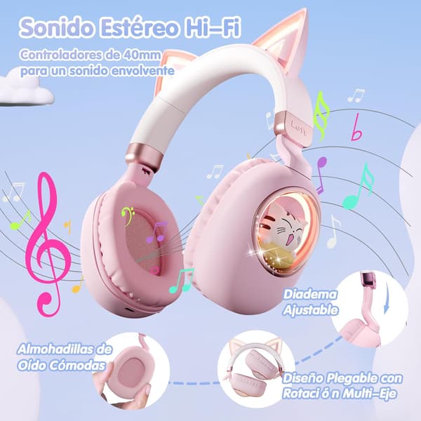 Bluetooth-hörlurar, Barnhörlurar med lysande kattöron (rosa)