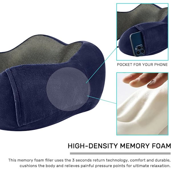 Nackkudde Memory Foam Portabel Komfort U-formad Nackskydd Resekudde Blå