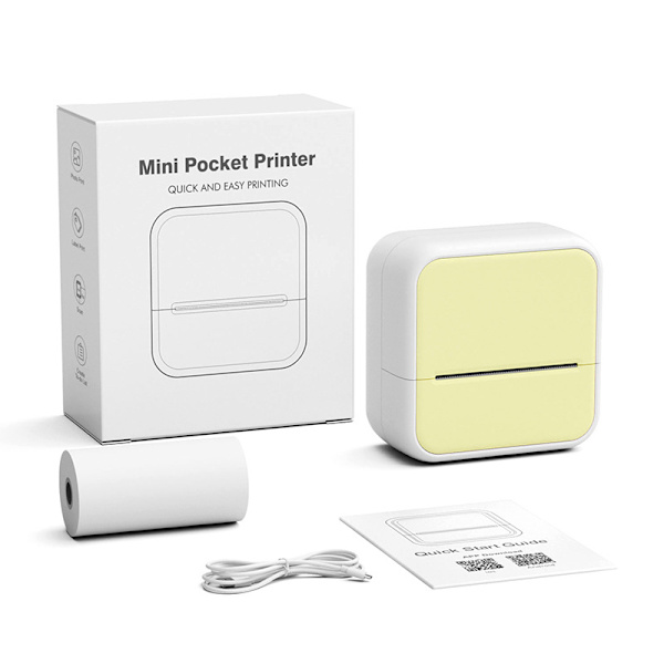 Bluetooth termisk printer, etiketprinter med 5 ruller etiketpapir (gul)