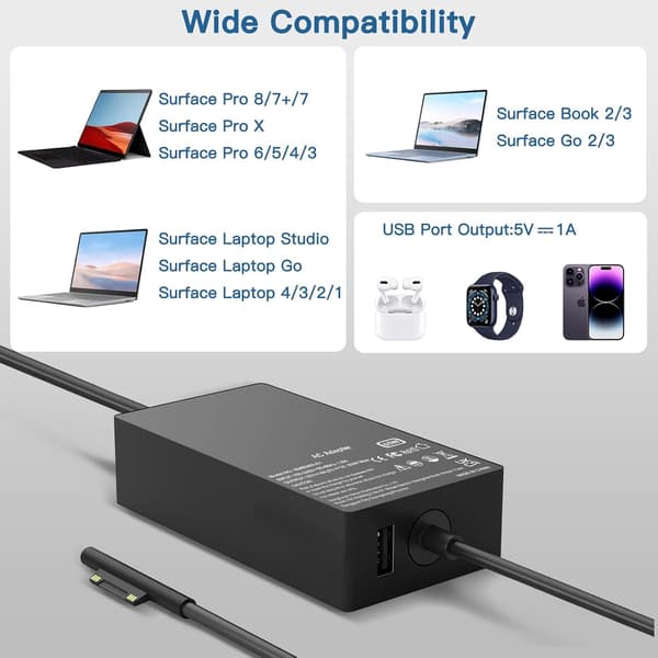65W Microsoft Surface Laptop Notebook Laddare Kompatibel med Surface Pro 8 X 7 6 5 4 3