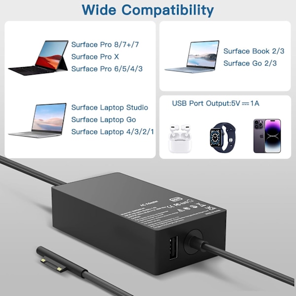 65W Microsoft Surface Laptop Notebook Oplader Kompatibel med Surface Pro 8 X 7 6 5 4 3