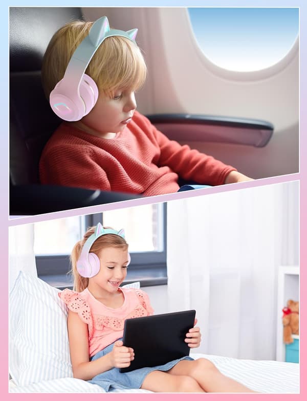 Bluetooth-hörlurar, Stereo barnhörlurar med lysande kattöron (rosa)