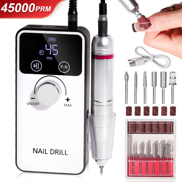 45000RPM Elektrisk Nagelborr, 6 i 1 Trådlöst Manikyrset, 2000mAh Uppladdningsbar LCD Nagelverktyg Vit
