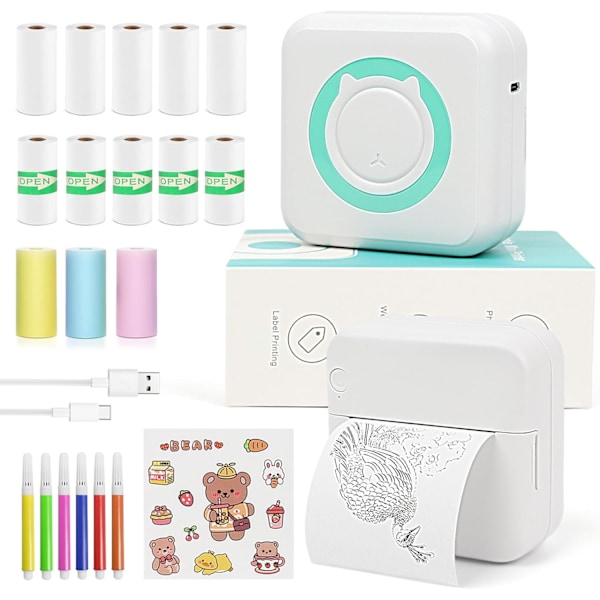 Mini Bærbar Bluetooth Lommeprinter til iPhone med 13 Ruller Papir til Noter, Fotos, Stickers, Etiketter, Kvitteringer Grøn