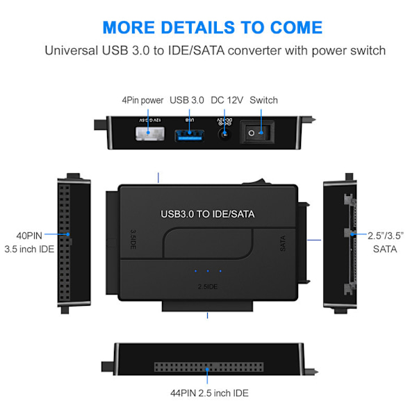 SATA/IDE till USB 3.0 Hårddisk Kortläsare Adapter - Stödjer 2.5/3.5\" HDD SSD, 5.25\" CD/DVD-enhet