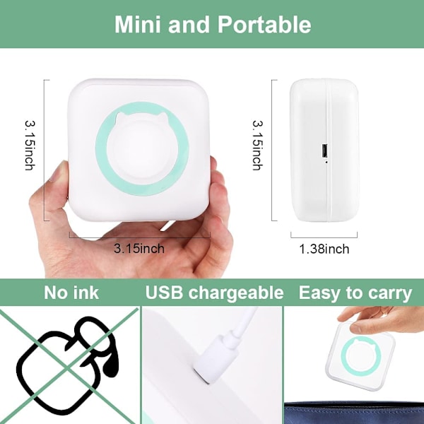 Mini Bluetooth-skrivare för anteckningar, meddelanden, foton, levereras med 3 rullar färgat papper och 5 färgade pennor i grönt