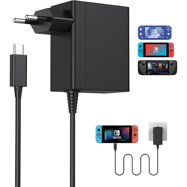 Laddare för Nintendo Switch, 39W Strömadapter Switch OLED/Lite/Dock/Controller Konsol, 15V / 2.6A