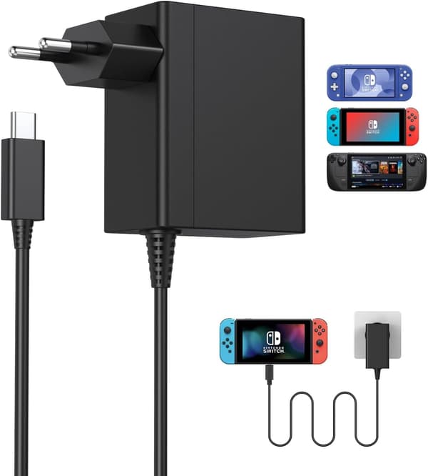 Oplader til Nintendo Switch, 39W Strømadapter Switch OLED/Lite/Dock/Controller Konsol, 15V / 2.6A