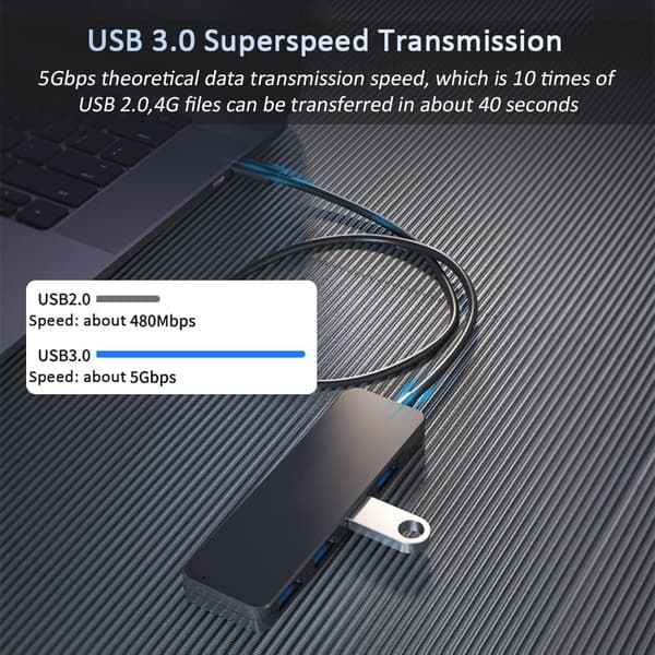 4-Port USB 3.0 Hub-utvider for bærbar PC, svart