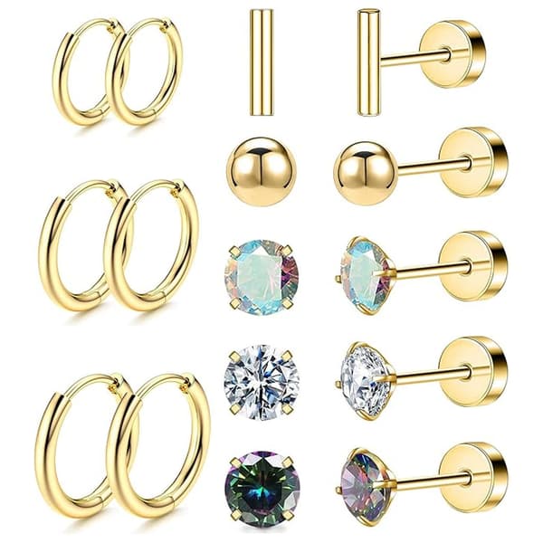 8 par øreringe i rustfrit stål, Zircon, unisex (guld)