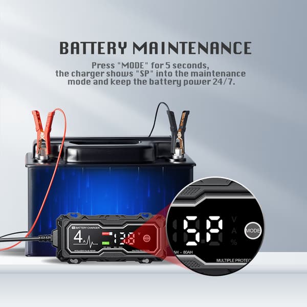 Smart batterilader 12V 4A autoreparasjon, for blysyre litiumbatterier.