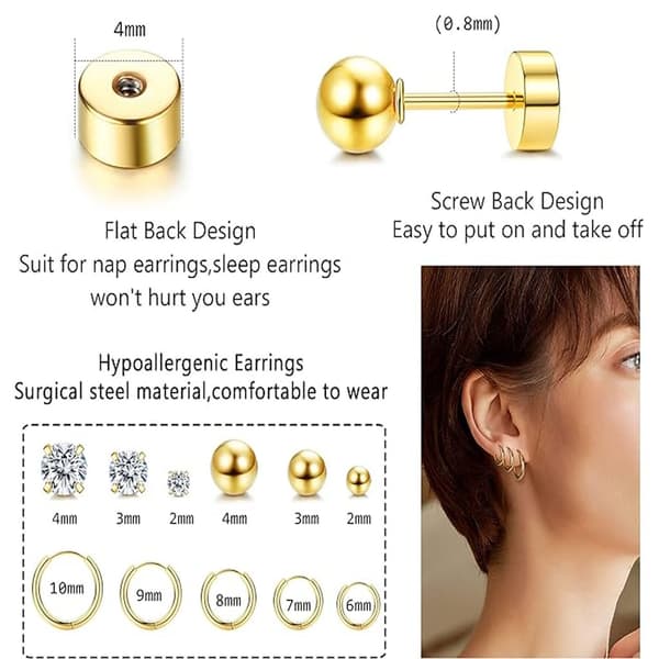 11 par øreringe i rustfrit stål, Zircon, unisex (guld)