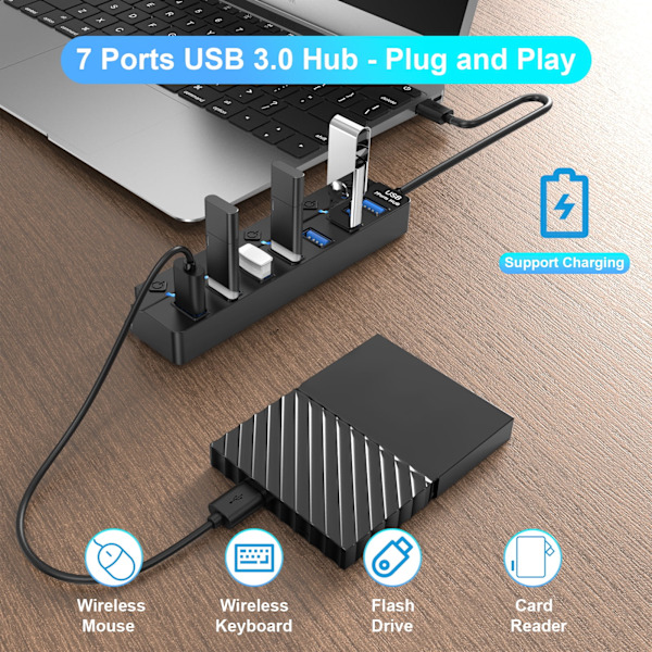 7 Port USB 3.0 Hub Splitter för Laptop Desktop USB Adapter med Individuella Brytare