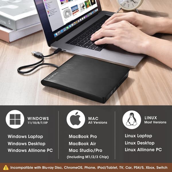 Ekstern CD DVD +/-RW Drev USB 3.0 & USB-C Bærbar CD/DVD ROM Afspiller Brænder Læser Skriver (Sort)