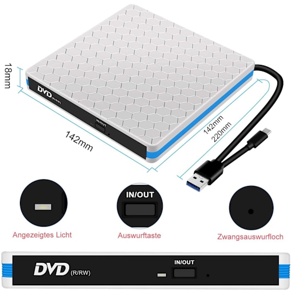 Ulkoinen CD DVD -asema, kannettava tyyppi C ja USB 3.0 CD-RW DVD-R -yhdistelmäpoltinsoitin (SININEN)