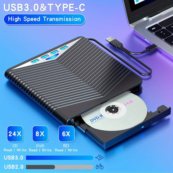 Extern CD DVD-enhet USB 3.0 Multifunktionell Typ-C CD-brännare