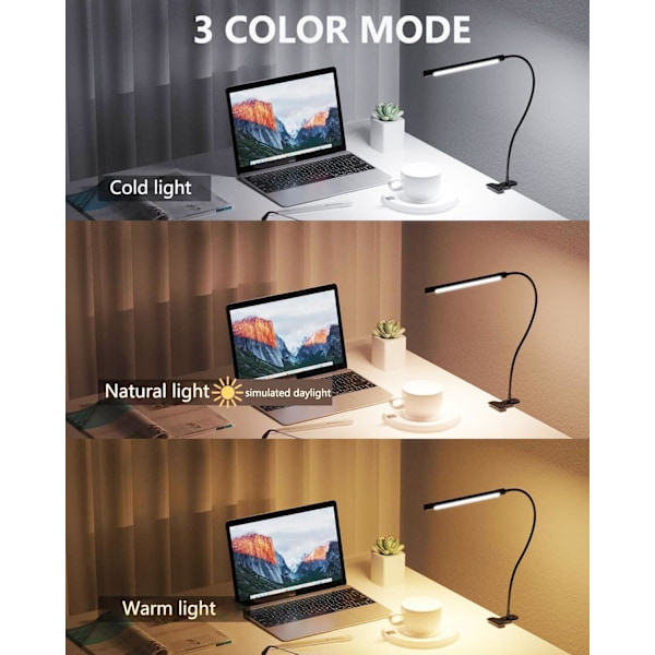 Klämlampa LED Skrivbordslampa USB Gooseneck Ögonskydd Läslampa Justerbar 3 Färglägen