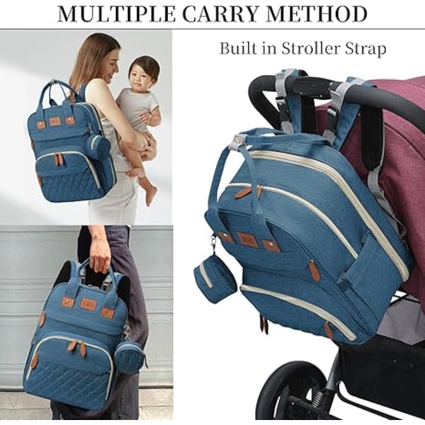Vikbar Mammaväska, ryggsäck med Bassinet, Vikbar 300D, Vattentät, Tvättbar Spjälsäng Postblå