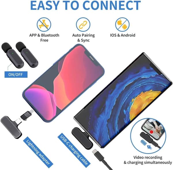 Professionel trådløs Lavalier-mikrofon med adapter til Android iPhone iPad optagelse af video live streaming