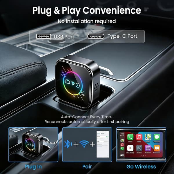 Trådløs CarPlay-adapter 3-i-1 bilskærmsstik, Plug and play (sort cirkel)